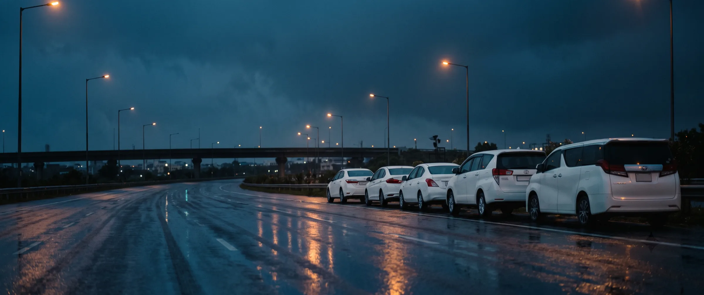 A line of white sedans and MPVs parked on a wet expressway shoulder at dusk under sodium lights