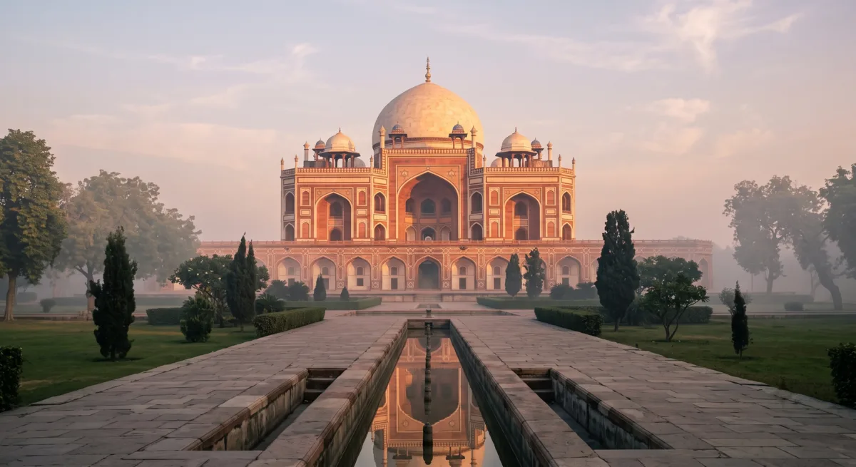 A domed Mughal tomb in Delhi at sunrise, reflected in its forecourt pool