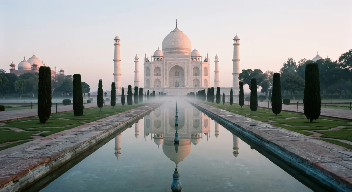 The Taj Mahal at Agra seen down the length of its reflecting pool