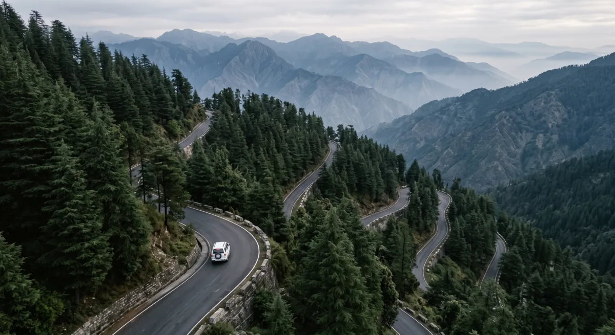 A car on a switchback road through deodar forest, ridgelines behind